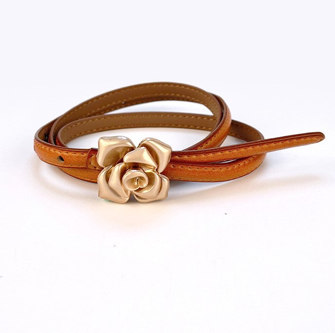 Vintage Rose Buckle Skinny Waist Belt - Camel