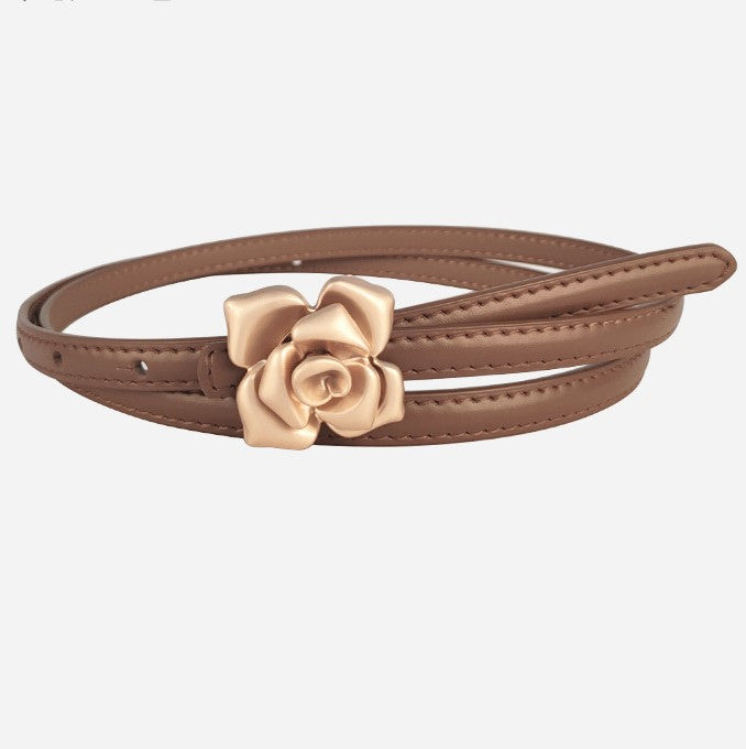 Vintage Rose Buckle Skinny Waist Belt - Caramel