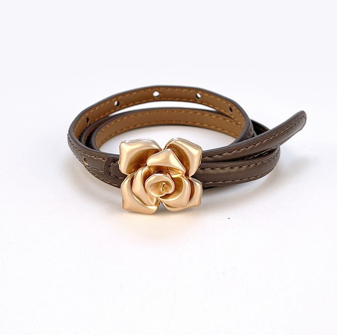Vintage Rose Buckle Skinny Waist Belt - Coffee