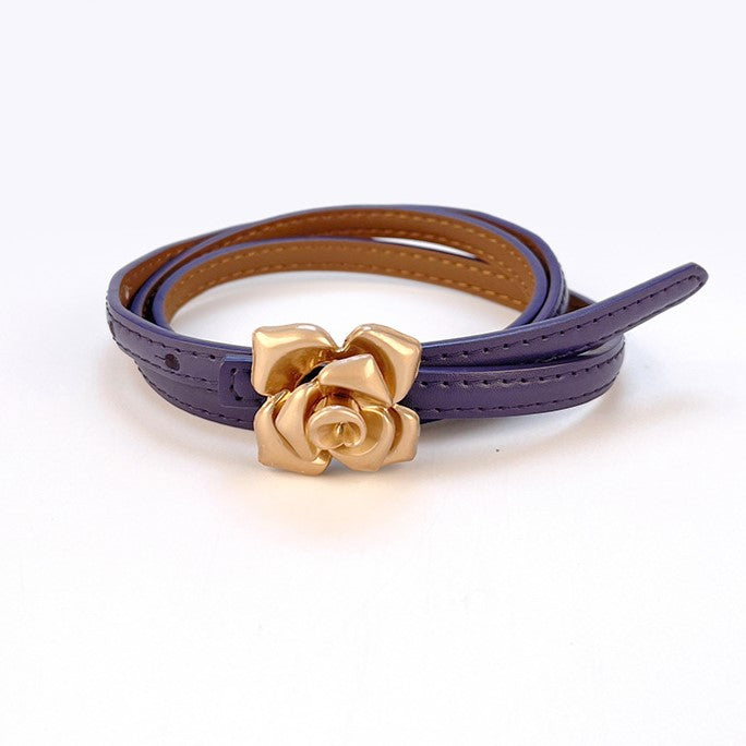 Vintage Rose Buckle Skinny Waist Belt - Darkpurple