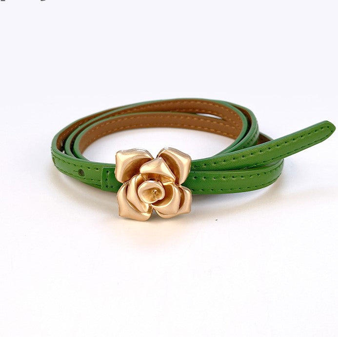 Vintage Rose Buckle Skinny Waist Belt - Green