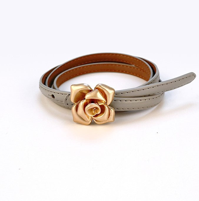 Vintage Rose Buckle Skinny Waist Belt - Grey