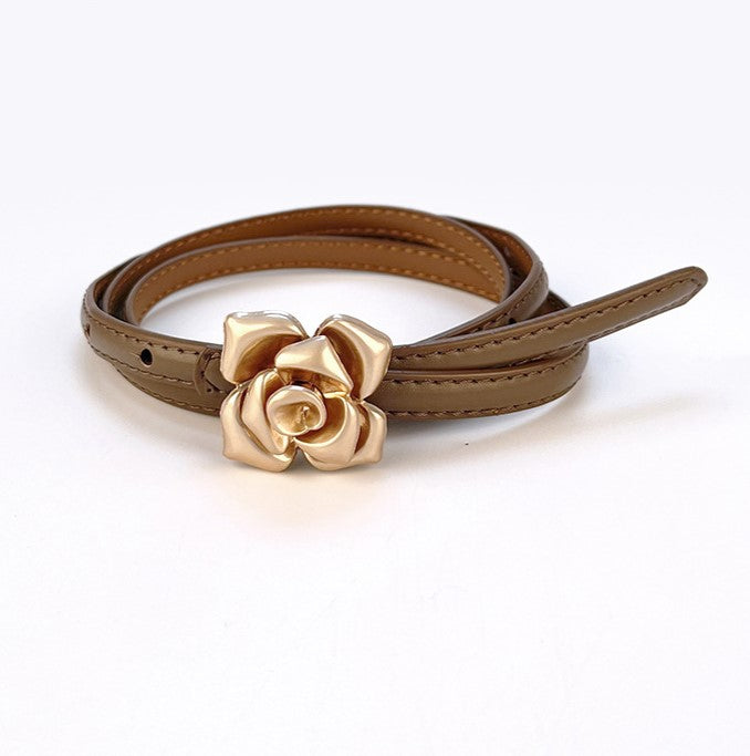 Vintage Rose Buckle Skinny Waist Belt - Khaki