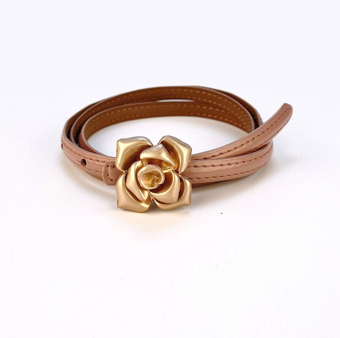 Vintage Rose Buckle Skinny Waist Belt - Pink