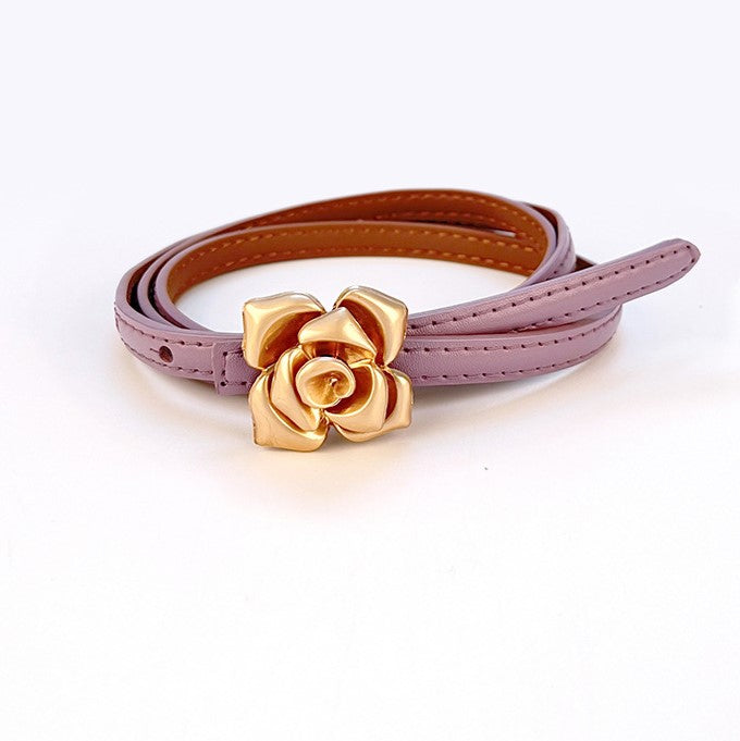 Vintage Rose Buckle Skinny Waist Belt - Purple