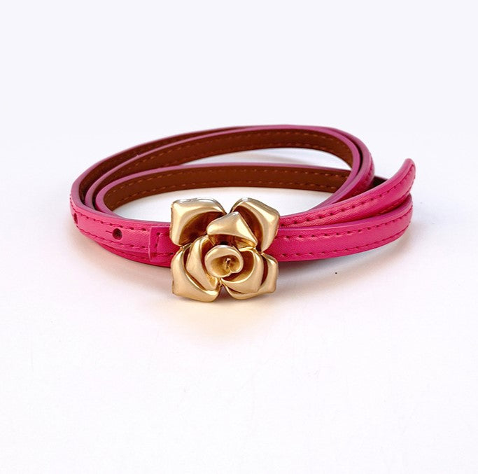 Vintage Rose Buckle Skinny Waist Belt - Rosered