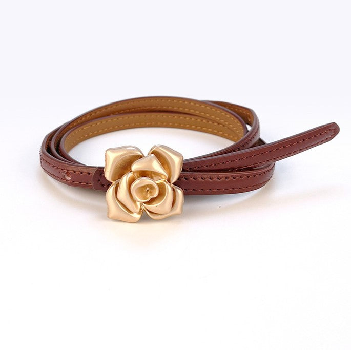 Vintage Rose Buckle Skinny Waist Belt - Winered