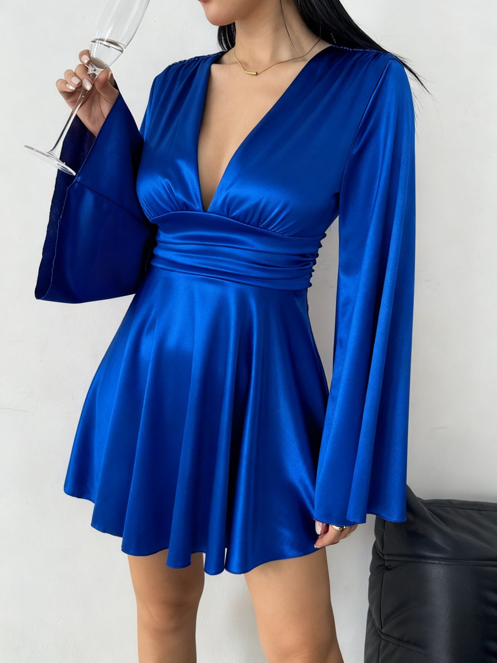 Plunge V Neck Flare Sleeve Mini Dress - Blue