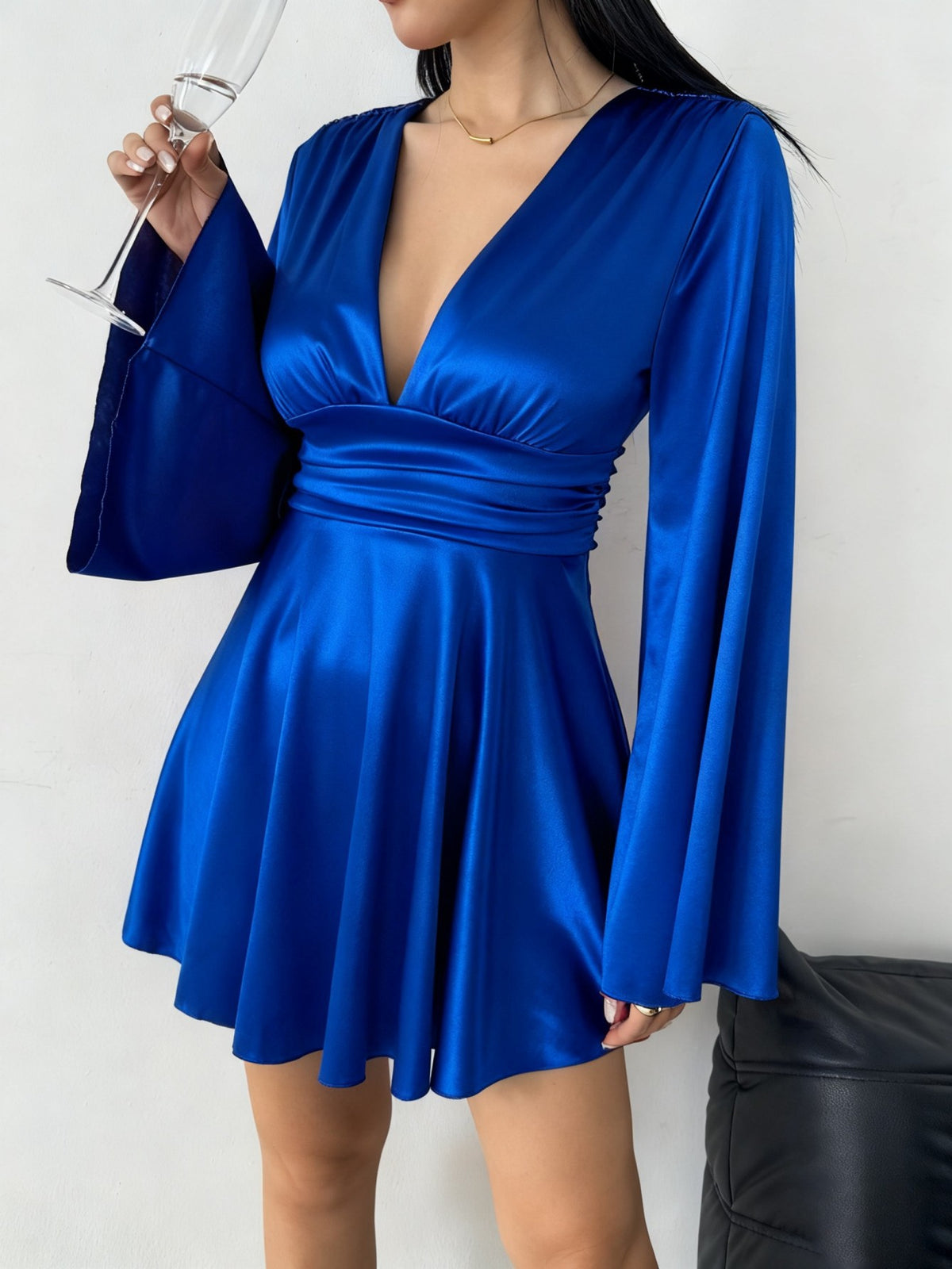 Plunge V Neck Flare Sleeve Mini Dress - Blue