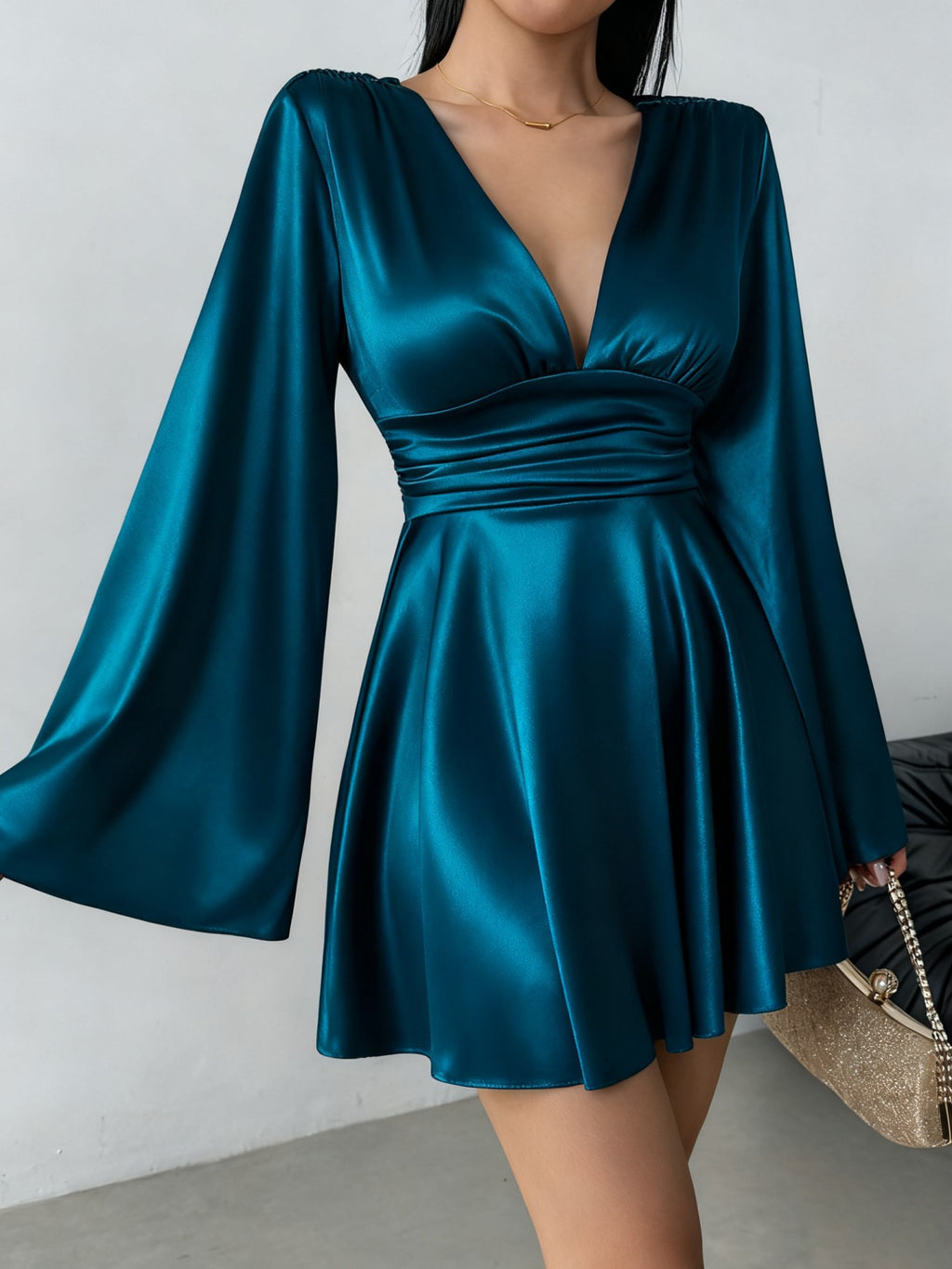 Plunge V Neck Flare Sleeve Mini Dress - Navy