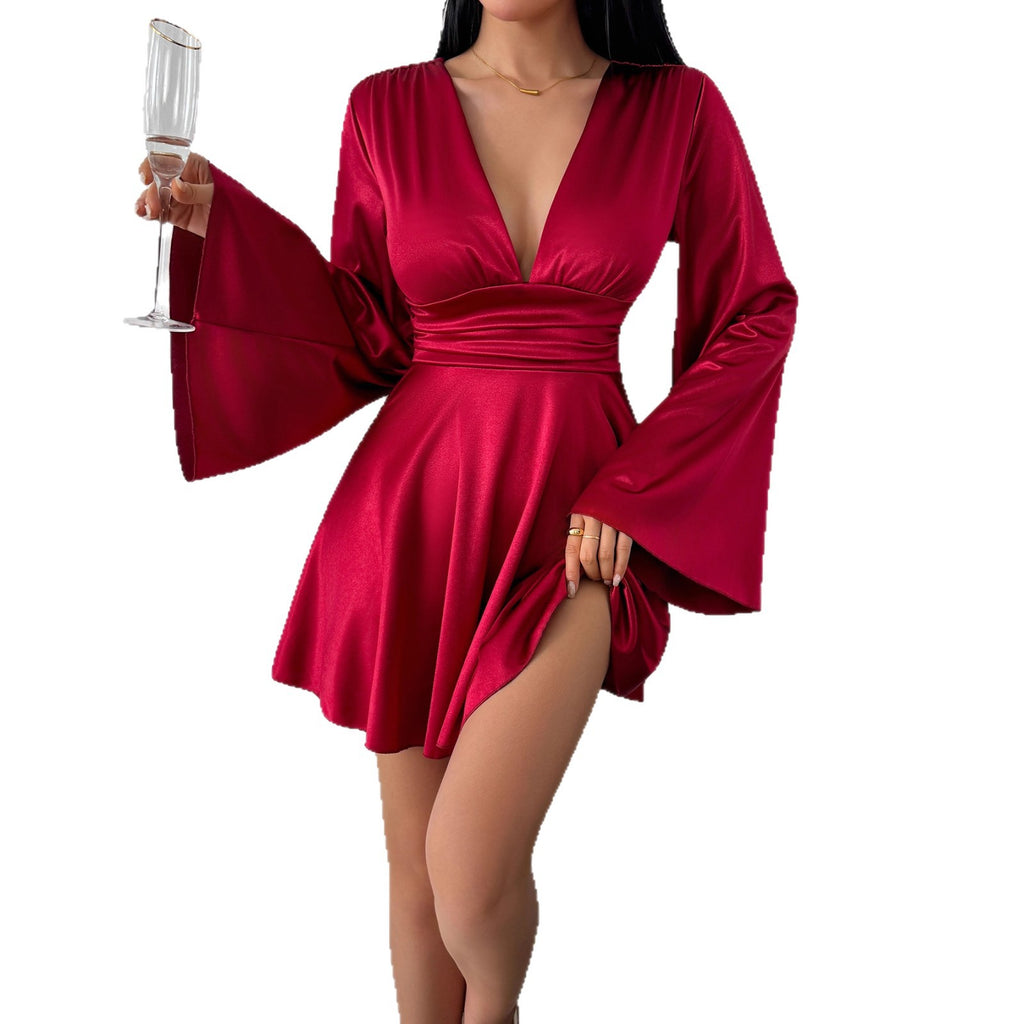 Plunge V Neck Flare Sleeve Mini Dress - Red
