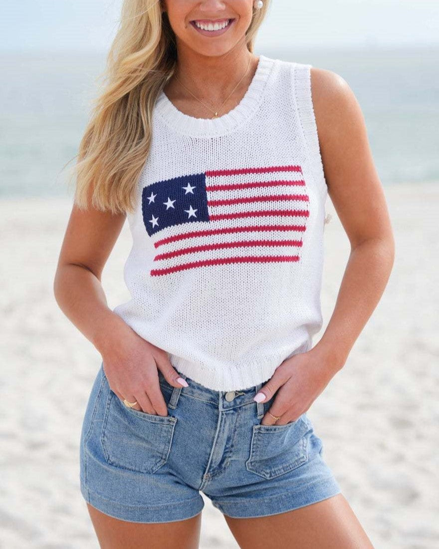 Stars and Stripes Knit Tank Top - White