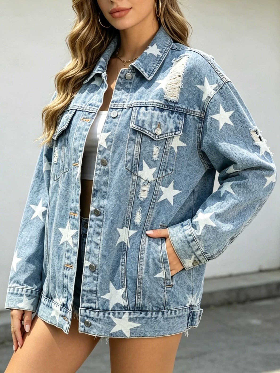 Oversized Ripped Denim Jacket With Star Print - Blue