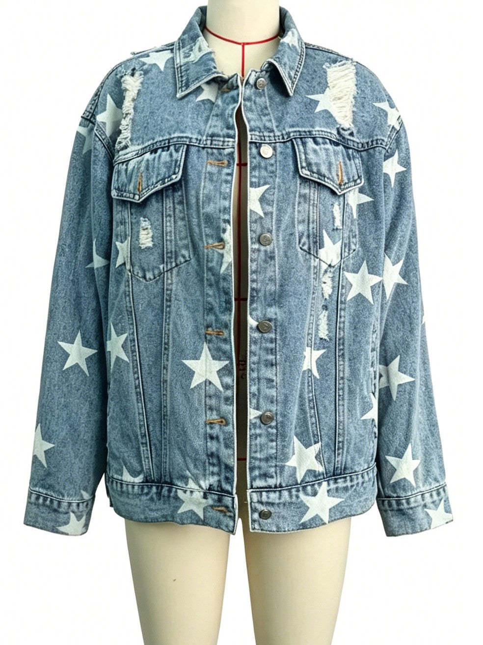 Oversized Ripped Denim Jacket With Star Print - Blue - 1