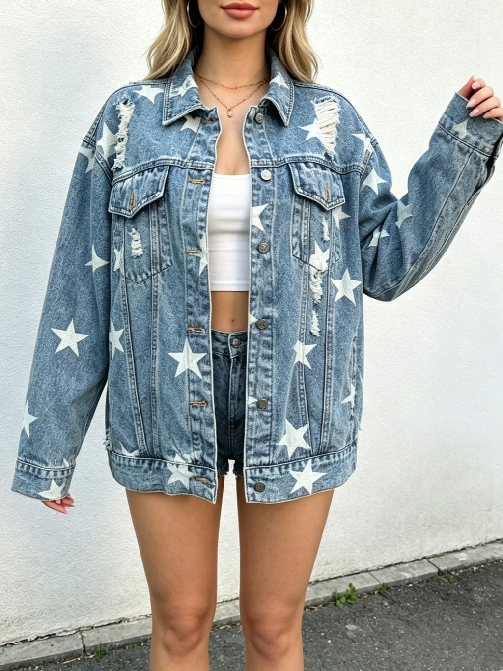 Oversized Ripped Denim Jacket With Star Print - Blue - 3