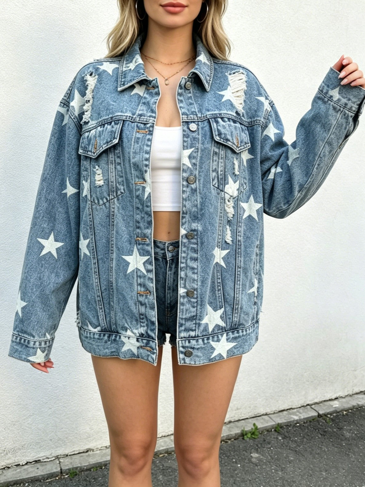 Oversized Ripped Denim Jacket With Star Print - Blue - 3