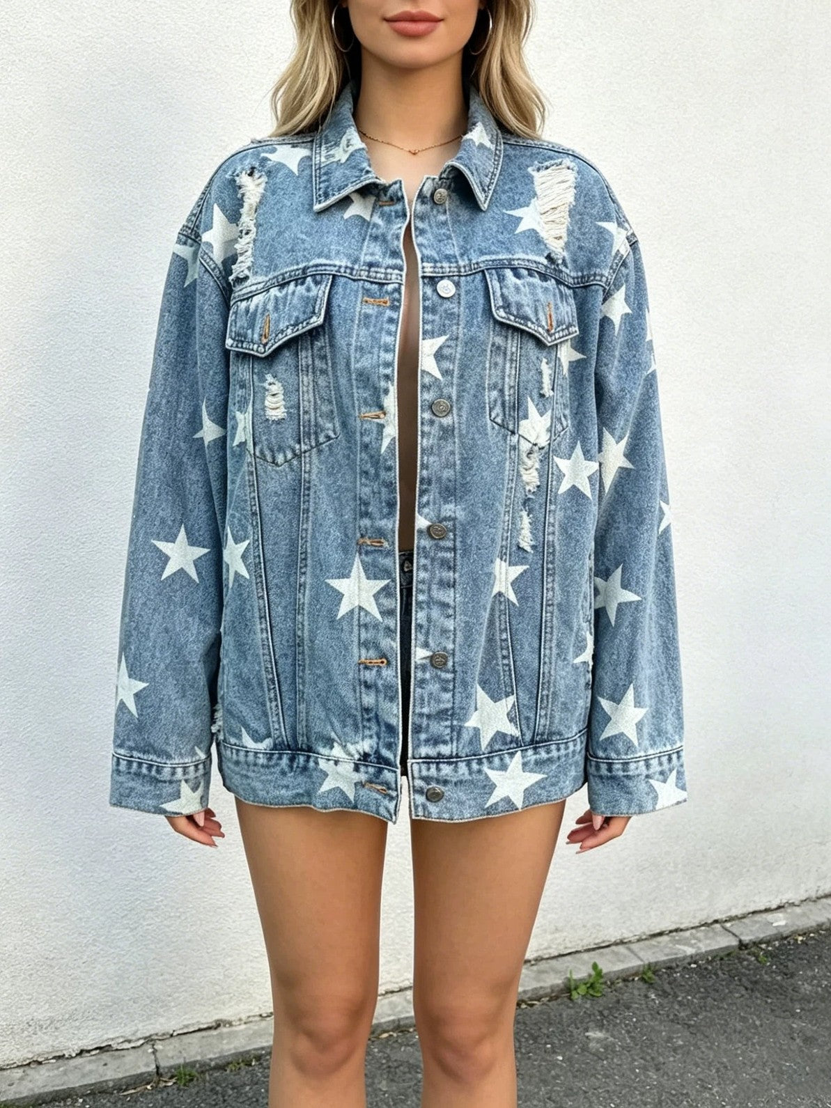 Oversized Ripped Denim Jacket With Star Print - Blue - 5