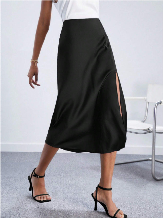 Bias Cut Satin Midi Skirt With Front Split - Black