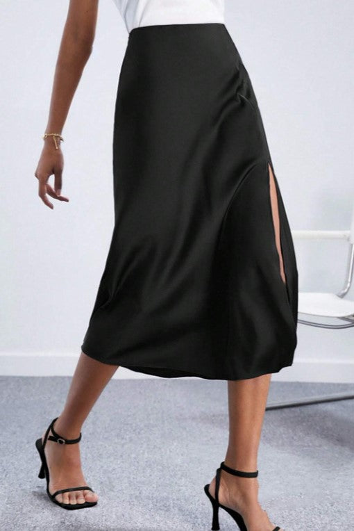 Bias Cut Satin Midi Skirt With Front Split - Black - 1