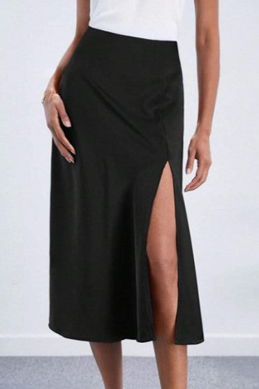 Bias Cut Satin Midi Skirt With Front Split - Black - 2