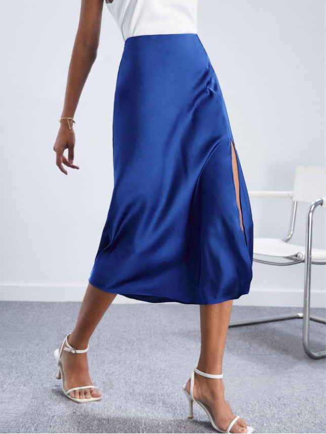 Bias Cut Satin Midi Skirt With Front Split - Blue