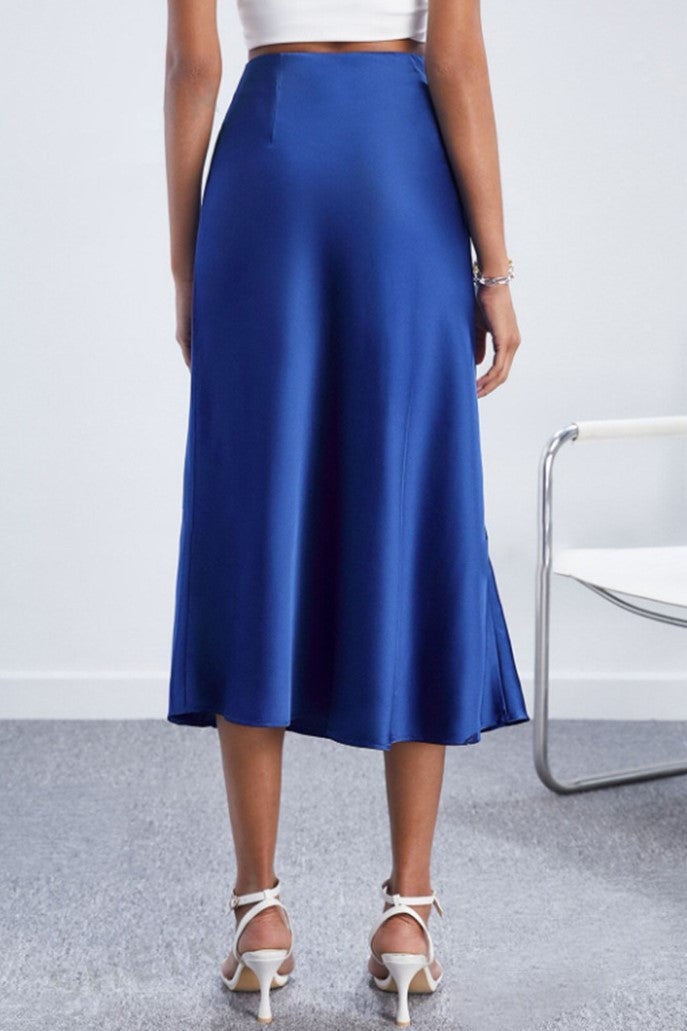 Bias Cut Satin Midi Skirt With Front Split - Blue - 1