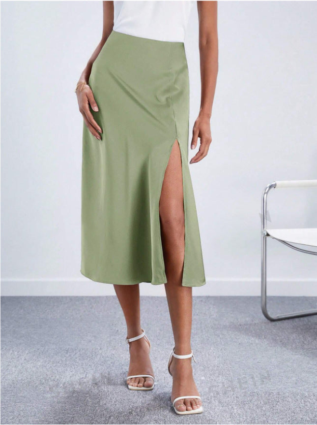 Bias Cut Satin Midi Skirt With Front Split - Green