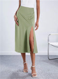 Bias Cut Satin Midi Skirt With Front Split - Green