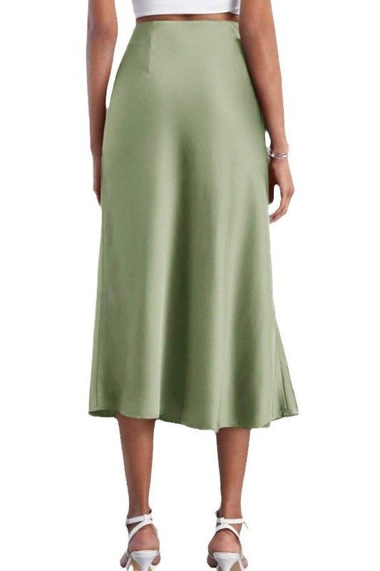 Bias Cut Satin Midi Skirt With Front Split - Green - 1