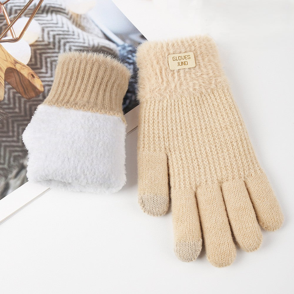 Ribbed Knit Winter Gloves With Plush Cuffs - Beige