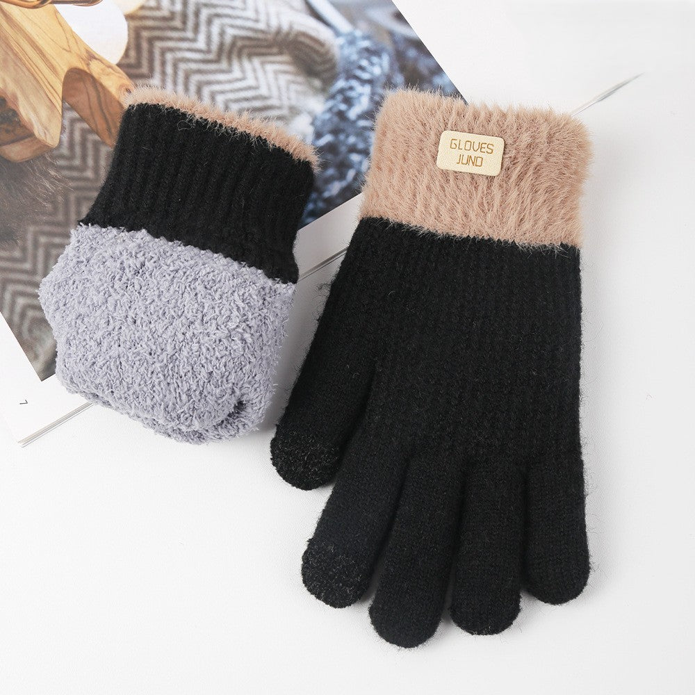 Ribbed Knit Winter Gloves With Plush Cuffs - Black