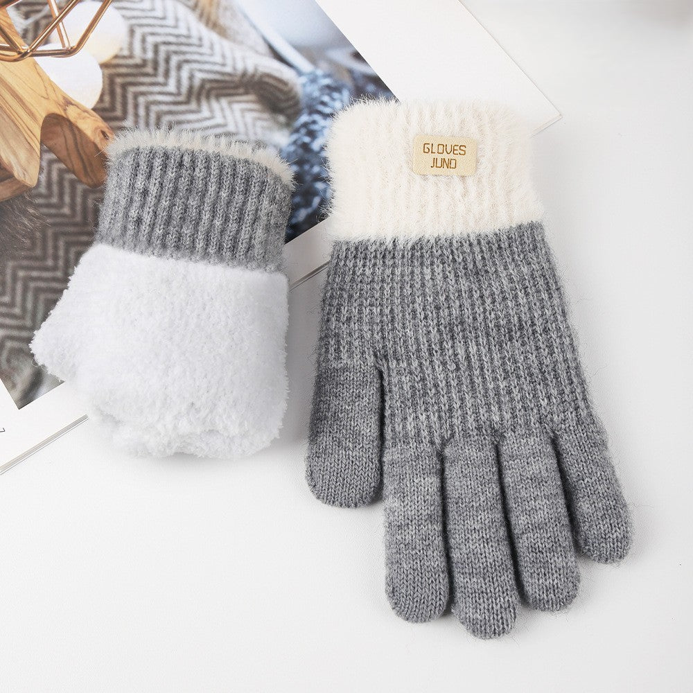 Ribbed Knit Winter Gloves With Plush Cuffs - Gray