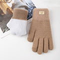 Ribbed Knit Winter Gloves With Plush Cuffs - Khaki