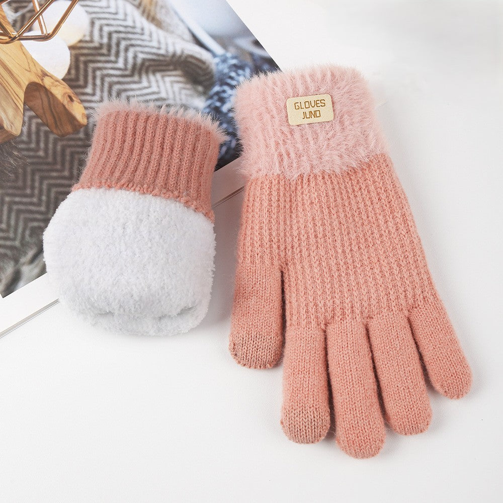 Ribbed Knit Winter Gloves With Plush Cuffs - Pink