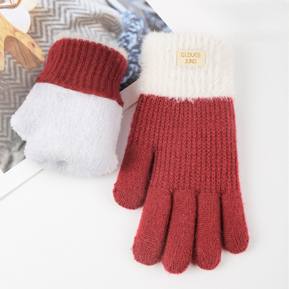 Ribbed Knit Winter Gloves With Plush Cuffs - Red