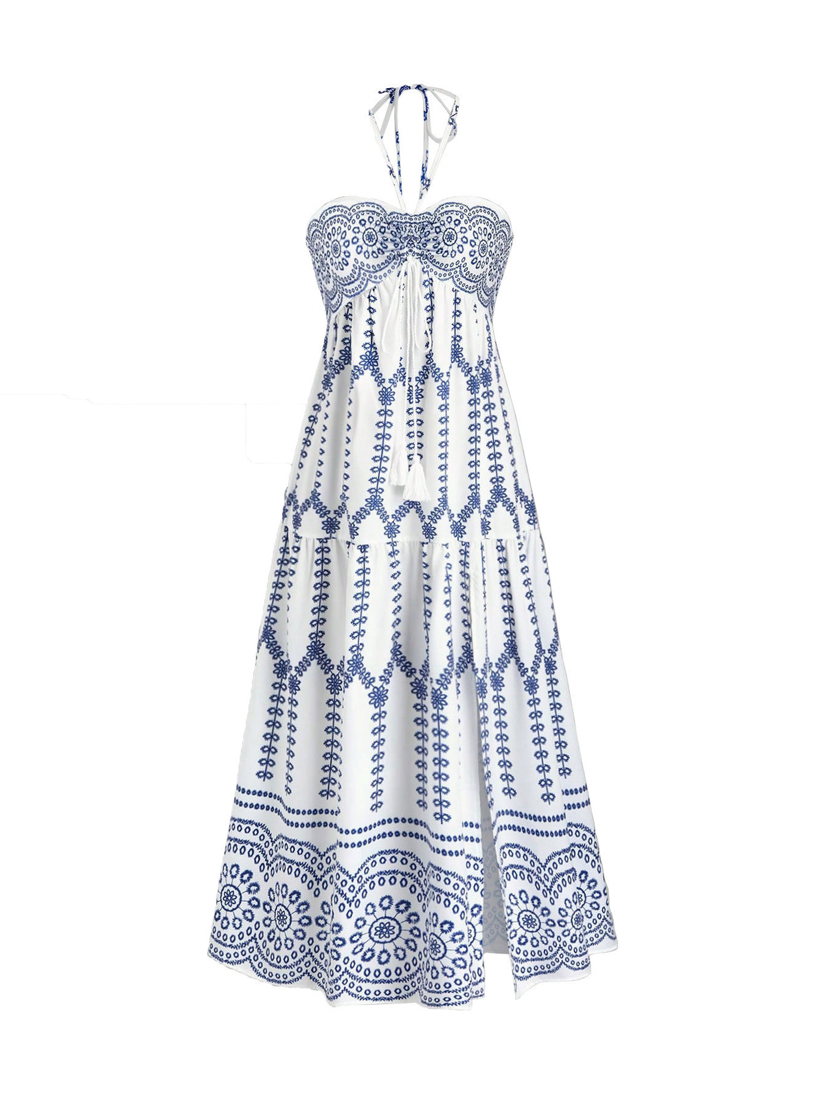 Border Print Halter Maxi Dress With Slit - White