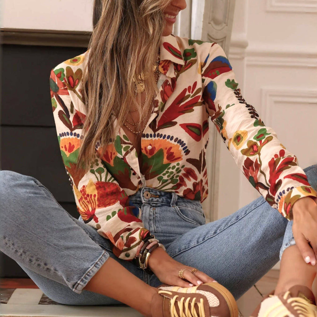 Retro Botanical Print Button Down Shirt - Floral - 6
