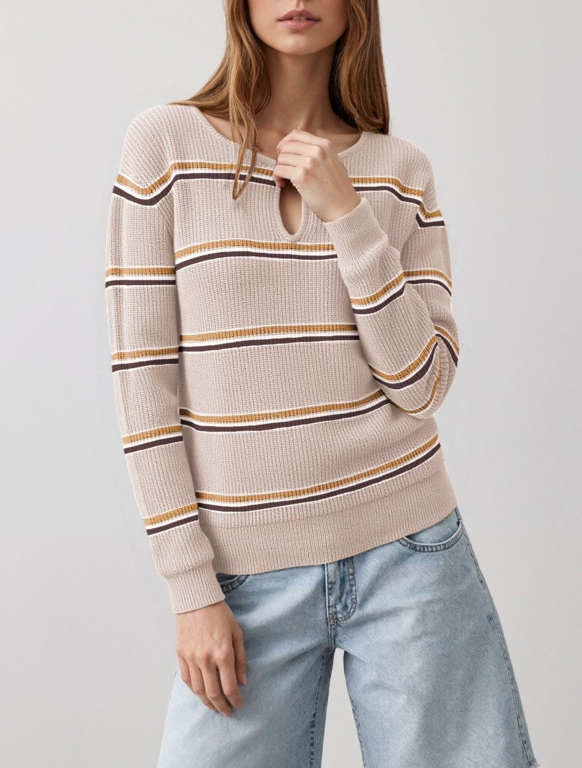 Keyhole Neck Striped Long Sleeve Knit Top - Apricot