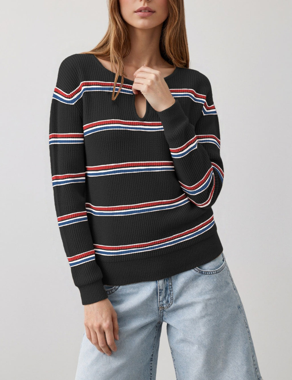 Keyhole Neck Striped Long Sleeve Knit Top - Black