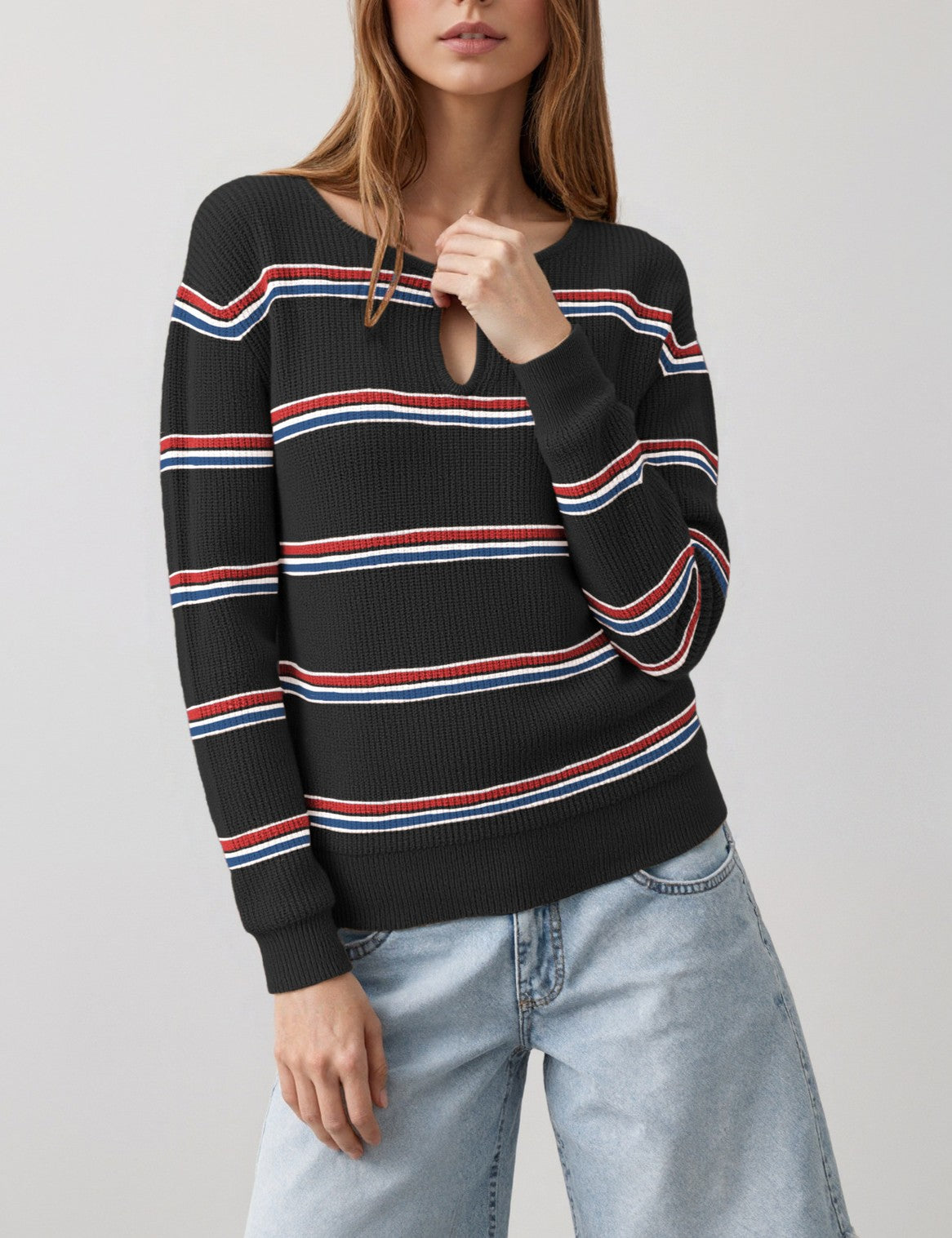 Keyhole Neck Striped Long Sleeve Knit Top - Black