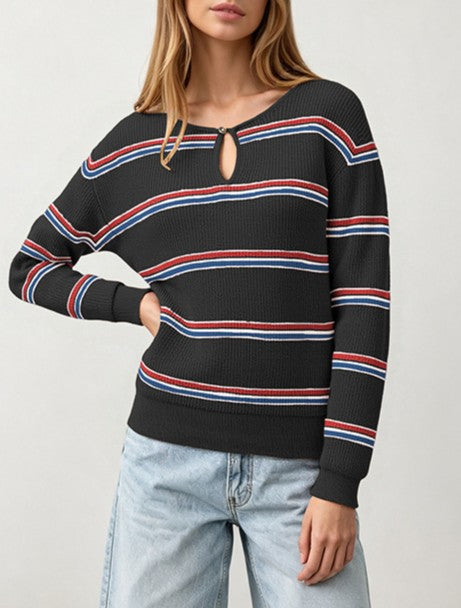 Keyhole Neck Striped Long Sleeve Knit Top - Black - 1