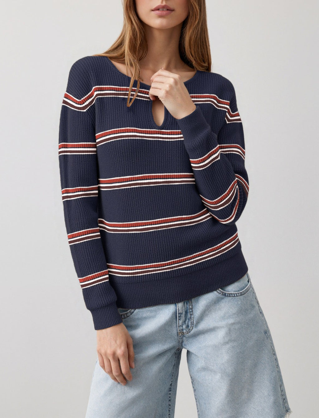Keyhole Neck Striped Long Sleeve Knit Top - Blue