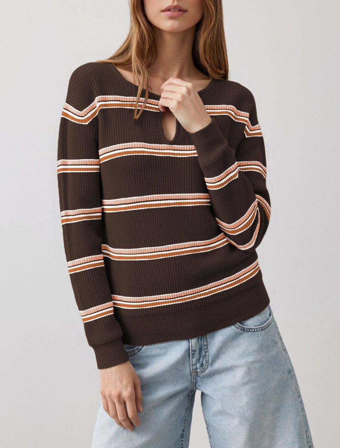 Keyhole Neck Striped Long Sleeve Knit Top - Coffee