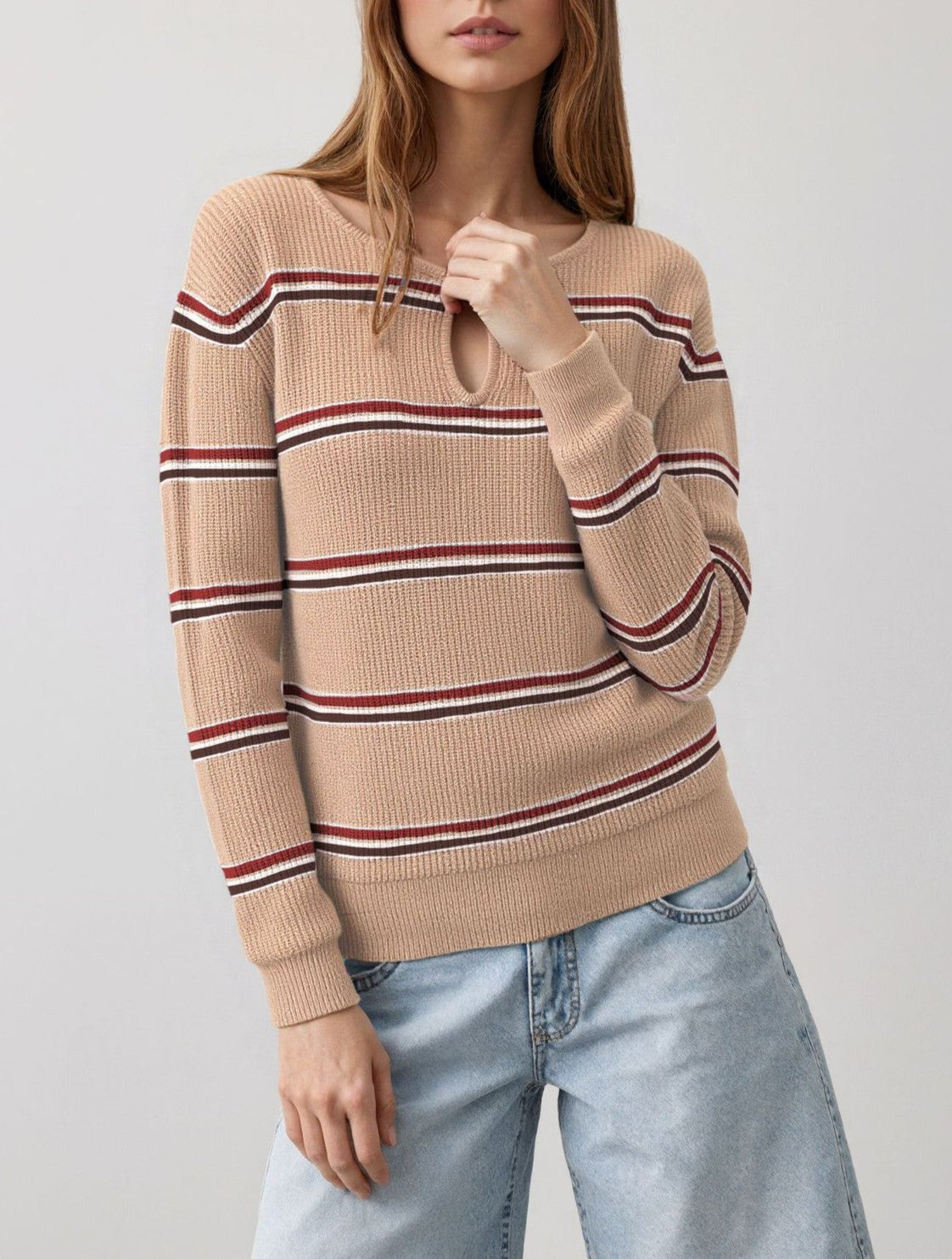 Keyhole Neck Striped Long Sleeve Knit Top - Khaki