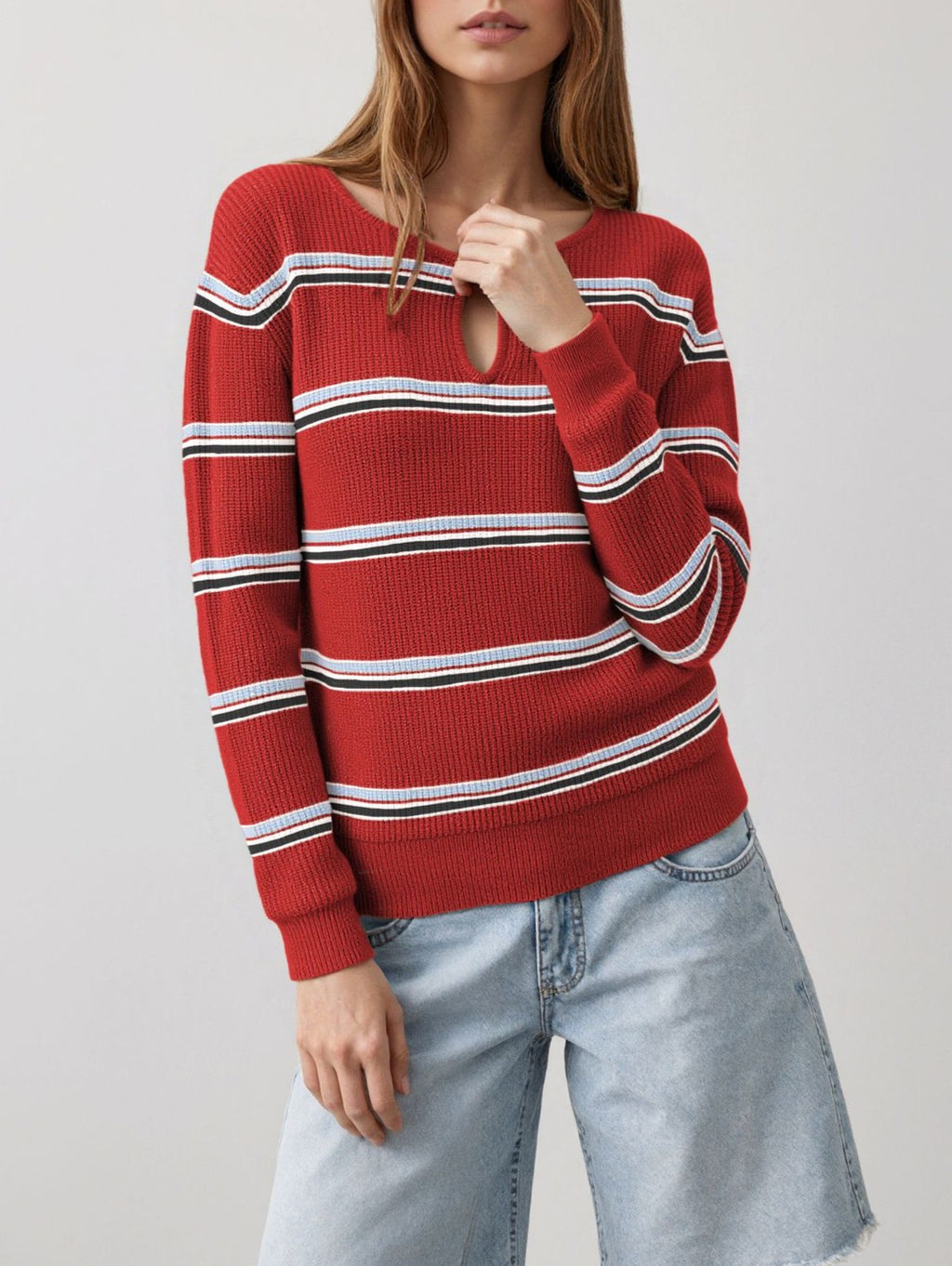 Keyhole Neck Striped Long Sleeve Knit Top - Red
