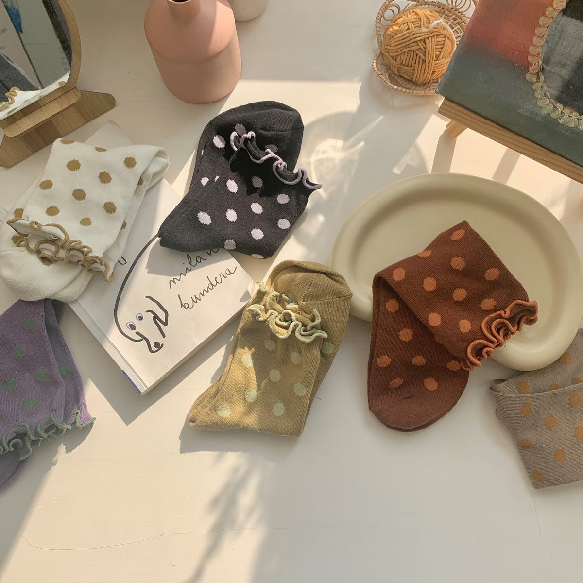 Lettuce Trim Polka Dot Crew Socks - Coffee - 1