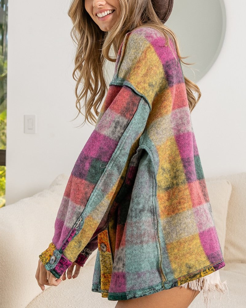 Oversized Brushed Plaid Button Front Jacket - Coloured - 5
