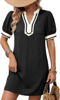 Crochet Trim Split Neck Mini Shift Dress - Black