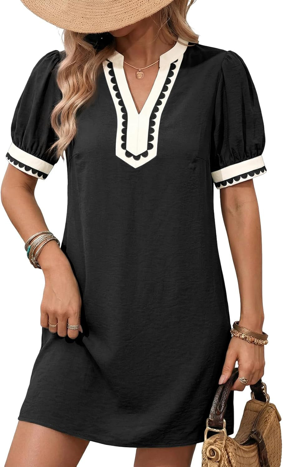 Crochet Trim Split Neck Mini Shift Dress - Black