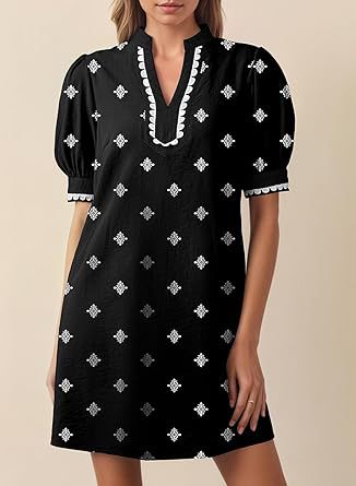 Crochet Trim Split Neck Mini Shift Dress - Ethnic